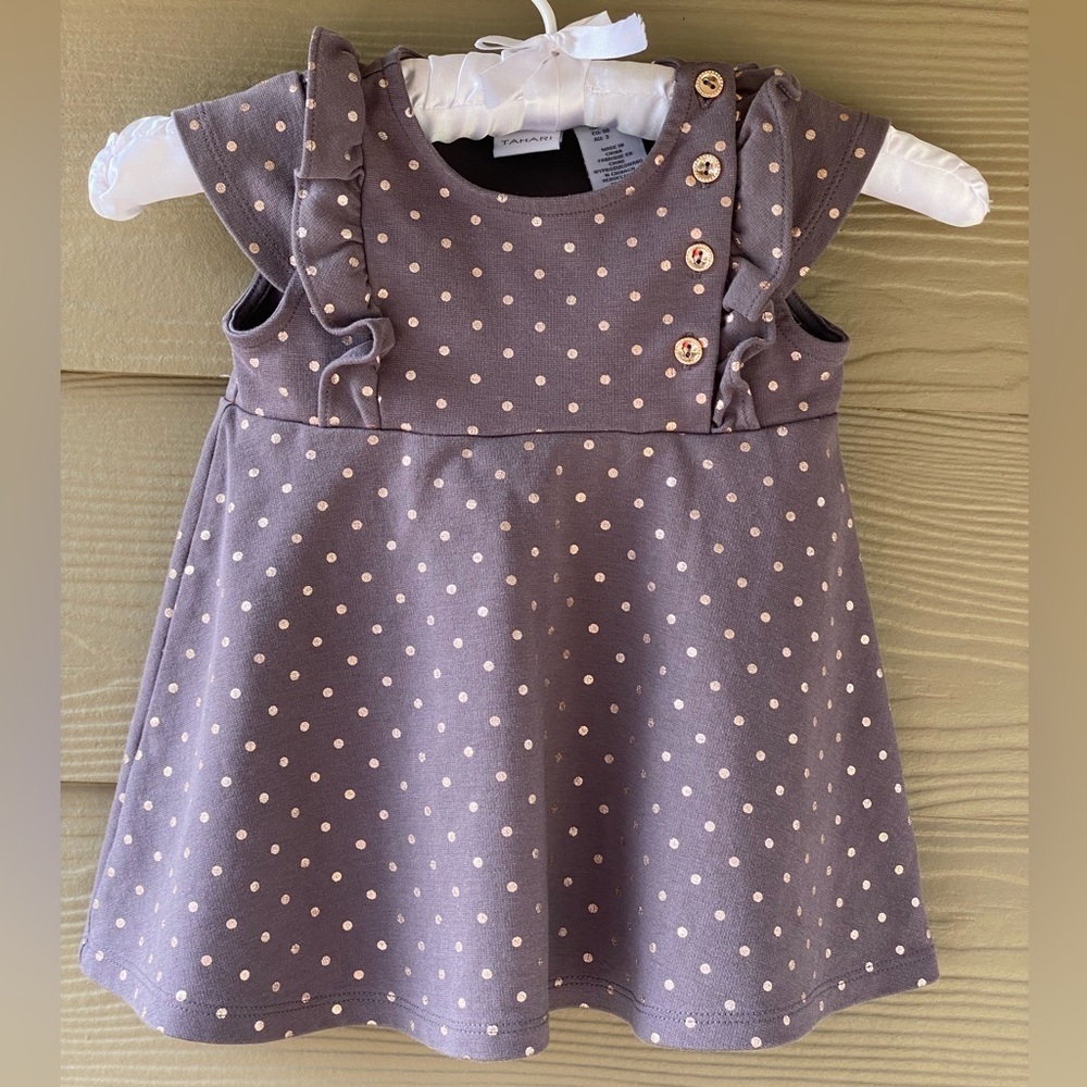 Tahari Girls Gray Gold Polka Dot Dress Size 3T